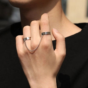 Punk style silver double chain link rings with polished open band for men and women