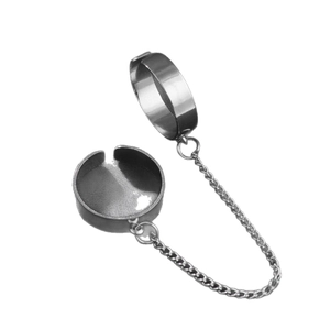 Silver punk cross double ring connected by chain in polished stainless steel finish