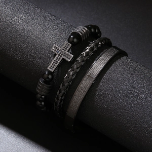 Bracelet Homme en Acier Inoxydable Noir Avec Pendentif Croix Strass Jonc Tressé Bracelet en Perles Écriture Espagnole Bijoux Religieux