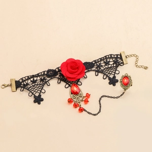 Gothic lace choker and ring set with red roses and vintage bronze crystal charms