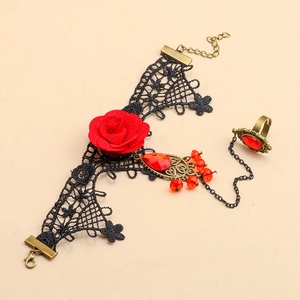 Gothic punk black lace bracelet with red rose ring and hanging teardrop gemstone