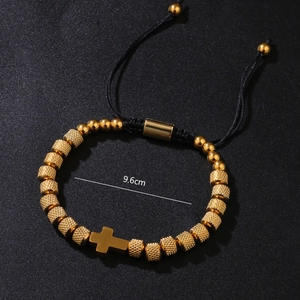 Bracelet croix doré réglable pour hommes avec perles en acier texturées