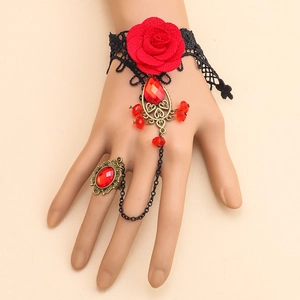 Gothic punk lace hand harness with red rose flower and bronze filigree ring set