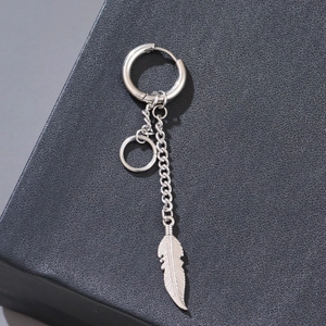 Silver stainless steel hoop earring with hanging feather charm and fine chain on black leather