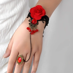 Vintage Gothic Punk Lace Hand Harness Red Rose Flower Finger Ring Bracelet For Women Retro Bronze Rhinestone Jewelry Accessory