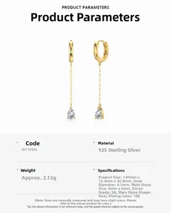Detailed technical diagram of S925 silver teardrop earrings with 5A grade zircon specs
