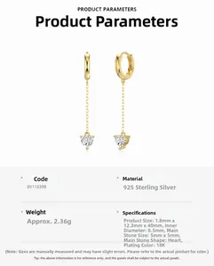 Detail view of S925 sterling silver heart tassel earrings with dimensions and 18K gold plating
