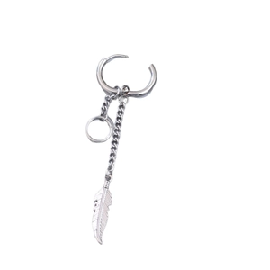 Punk style stainless steel hoop earrings with silver feather pendant and chain detail