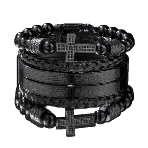 Ensemble de bracelets noirs avec croix, cuir tressé et jonc gravé d'écritures