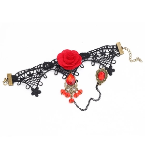 Gothic punk lace bracelet with red rose and ring featuring vintage alloy heart pendant
