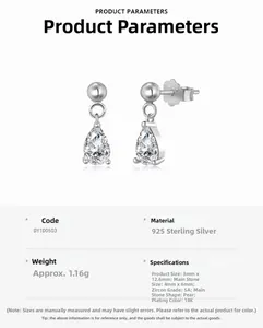 Detailed dimensions of S925 silver pear-cut zircon earrings with 3mm x 12.6mm specs