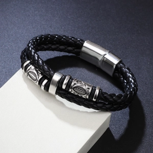 Bracelet Viking pour homme en cuir tressé noir double couche avec fermoir magnétique argent