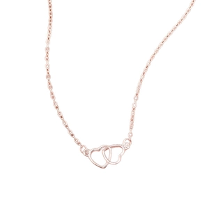 Elegant rose gold necklace featuring two interlocking hollow heart pendants on a fine chain