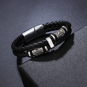 Bracelet Viking pour homme en cuir tressé double couche avec fermoir magnétique en acier