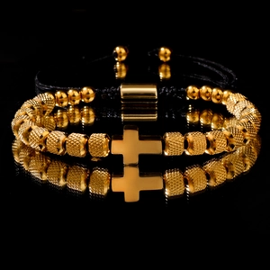 Bracelet de Perles Croix en Acier Inoxydable Homme Femme Corde Tressée Réglable Bijoux Religieux Bracelet Mode Personnalité