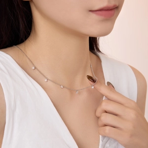 S925 sterling silver bead chain necklace with five dangling round cubic zirconia pendants