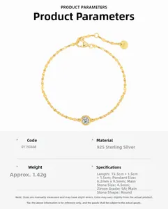 Detailed view of S925 sterling silver gold bracelet with a round 5A cubic zirconia stone