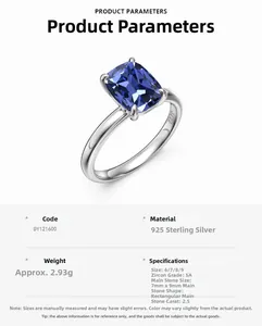 Macro shot of S925 sterling silver ring featuring a blue cushion cut zircon stone