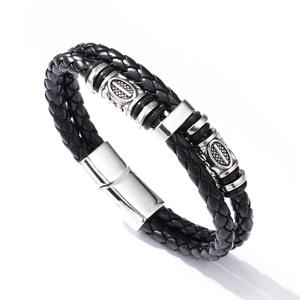 Bracelet Viking double couche en cuir tressé noir pour homme avec fermoir magnétique