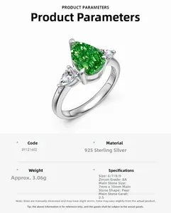 Detail of S925 sterling silver ring with 2.5ct pear cut green zircon and 8A stones