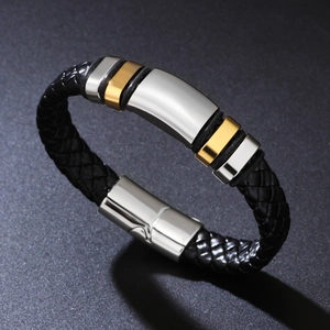 Men's Fashion Stainless Steel Braided PU Leather Bracelet Simple Geometric Magnetic Clasp Commuting Hand Jewelry Gift