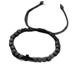 Bracelet à perles en acier inoxydable pour homme avec cordon tressé noir réglable et croix