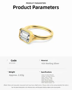 Detailed view of 18K gold plated S925 silver ring featuring 3ct emerald cut cubic zirconia
