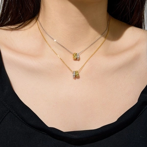 Two-tone S925 sterling silver layered necklaces with dual ring checkerboard pendants