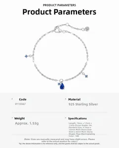 Detail view of 925 silver bracelet with pear-cut blue zircon and 18K plating specs