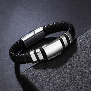 Men's minimalist black braided leather bracelet with stainless steel magnetic clasp