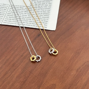 Exquisite S925 sterling silver interlocking double ring necklaces with cubic zirconia stones