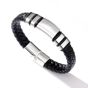 Men's braided black leather bracelet with magnetic stainless steel clasp shown from 45-degree angle