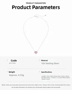 Nahaufnahme der S925 Sterling Silber Tulpen Halskette in Herzform mit Produktabmessungen