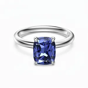 French S925 Sterling Silver Blue Zirconia Ring Elegant Cushion Cut Geometric Rectangle Engagement Ring For Women Jewelry