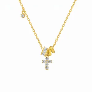 Collier Pendentif Croix en Argent Sterling 925 de Luxe Pour Femme Or Zirconia Incrusté Ras du Cou Bijoux de Mode