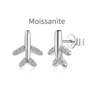 Moissanite S925 sterling silver airplane stud earrings with sparkling wing crystals