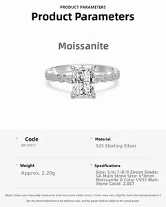 Détails de bague en argent S925 avec moissanite 2ct taille radiant et spécifications