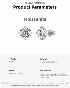 Detailed specs of 2ct D color VVS1 moissanite stud earrings with S925 silver stamp
