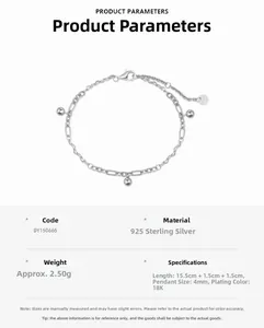 Technical specifications of S925 sterling silver chain bracelet with 4mm bead pendants