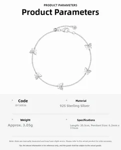Detailed specs of S925 sterling silver butterfly bracelet showing dimensions and 3.05g weight