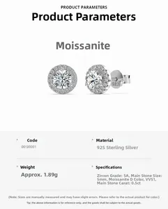 Detailed specs of S925 sterling silver 0.5ct D color Moissanite stud earrings