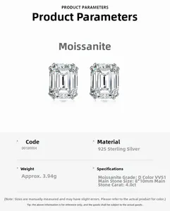 Dettagli macro di orecchini moissanite 4ct taglio smeraldo in argento sterling 925