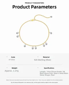 Macro detail of S925 sterling silver chain with pear-cut cubic zirconia drop charms