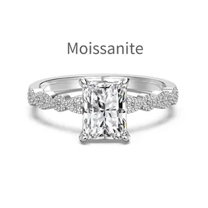 Bague en argent S925 moissanite carrée 2ct avec anneau ondulé et pierre taille radiant