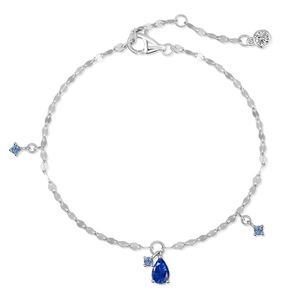 Elegant S925 sterling silver chain bracelet with blue teardrop pendant and zircon accents