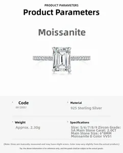 Detail view of 2ct emerald cut moissanite ring with S925 sterling silver specifications