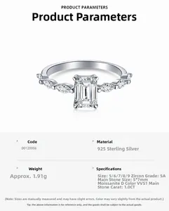 Macro detail of S925 silver ring featuring 1ct D color emerald cut moissanite stone