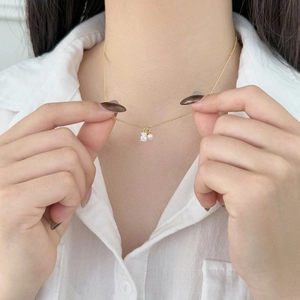 Elegant gold S925 sterling silver necklace with rectangle crystal and pearl pendant