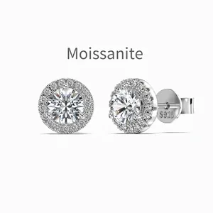 Luxury 925 Sterling Silver Moissanite Halo Stud Earrings D Color VVS1 Round Cut Brilliant Fine Jewelry For Women