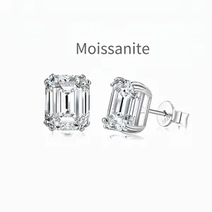 Orecchini a Bottone in Moissanite Taglio Smeraldo Argento Sterling 925 Colore D VVS1 Intarsiati a Quattro Griffe Gioielli Donna